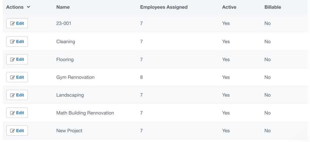 Screenshot of job codes in Buddy Punch