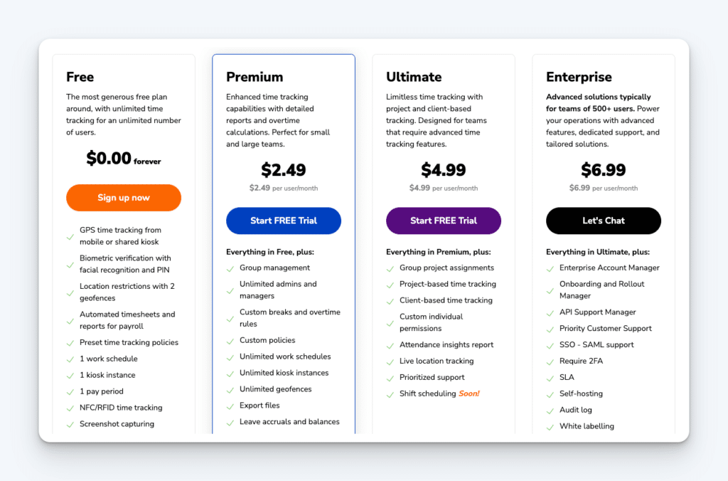 A pricing table for a time tracking service, featuring four plans: Free, Premium, Ultimate, and Enterprise, with key features listed.