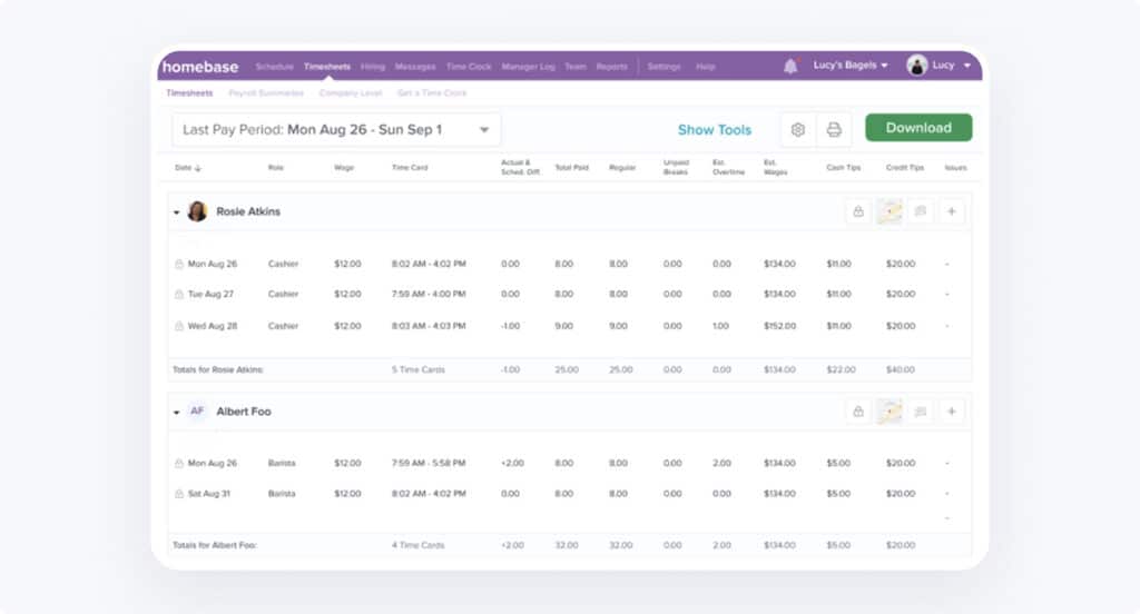 screenshot of homebase