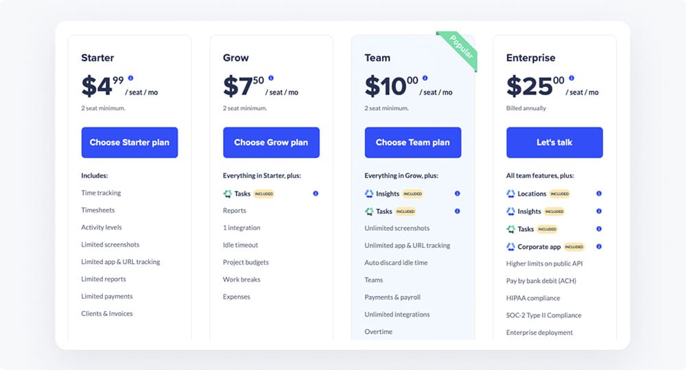 screenshot of hubstaff's pricing