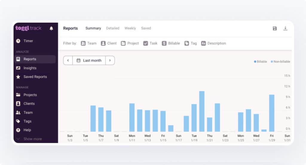 screenshot of toggl track
